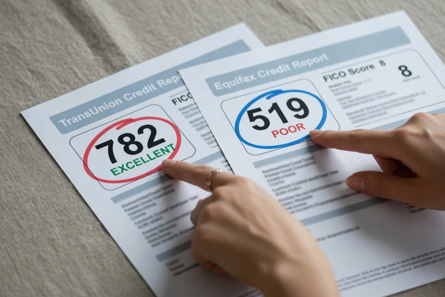 Diagram showing how lenders pull three credit scores per borrower and select the lower median for joint mortgage pricing
