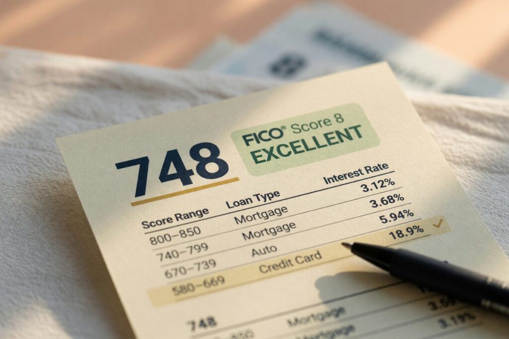 Chart showing credit score bands and corresponding mortgage and auto loan interest rate tiers
