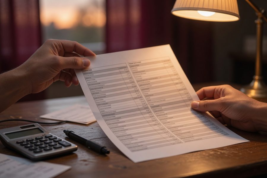 A couple reviewing final divorce paperwork with a calculator and laptop open to a digital lender's application page.