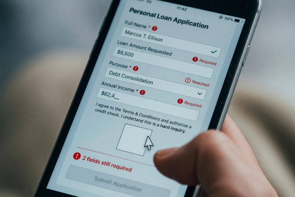 First-time borrower reviewing loan application on phone before submitting