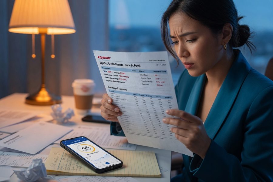 Split screen showing a credit report error highlighted on a laptop screen next to a fintech loan app rejection screen