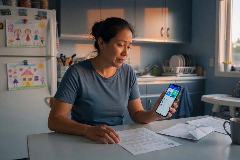Single parent reviewing digital loan approval on mobile phone for childcare expenses