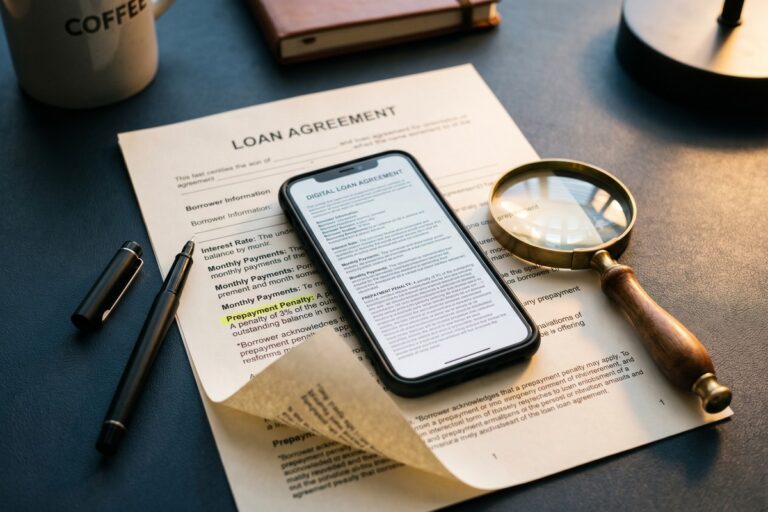 Close-up of loan contract fine print highlighting hidden prepayment penalty clauses