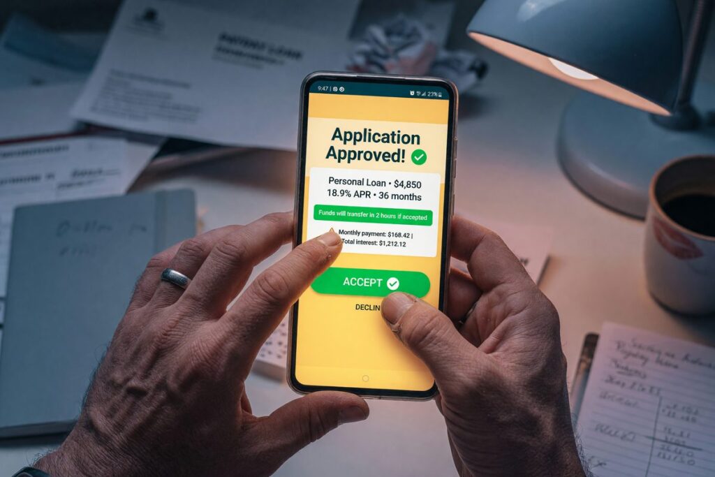 Borrower reviewing digital loan options on tablet after bankruptcy discharge