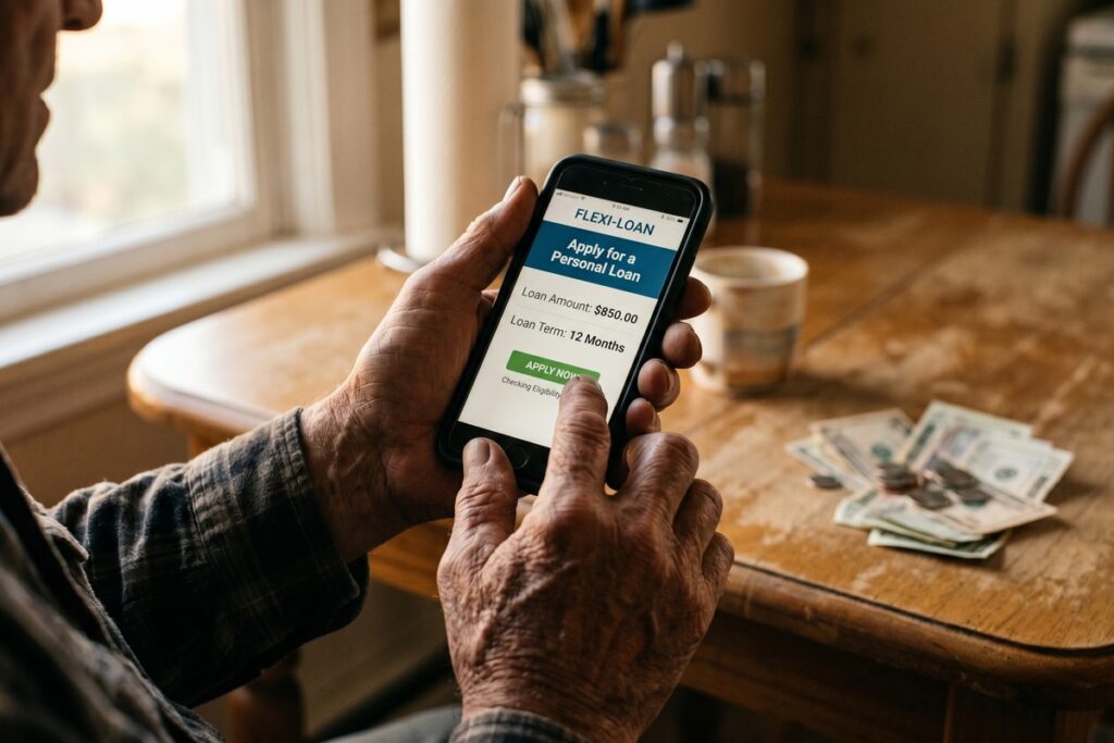 Senior couple reviewing digital loan application on tablet at home