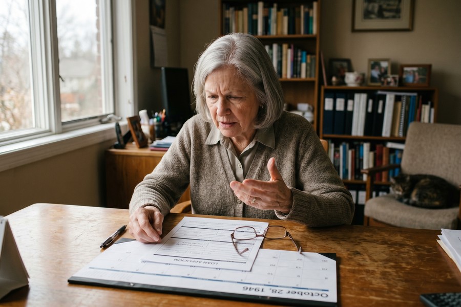 Senior reviewing loan documents and SSA benefits letter at a kitchen table with a laptop
