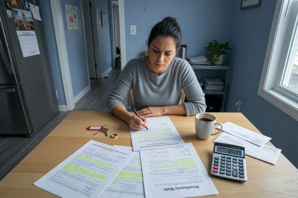 Couple reviewing mortgage documents during divorce proceedings