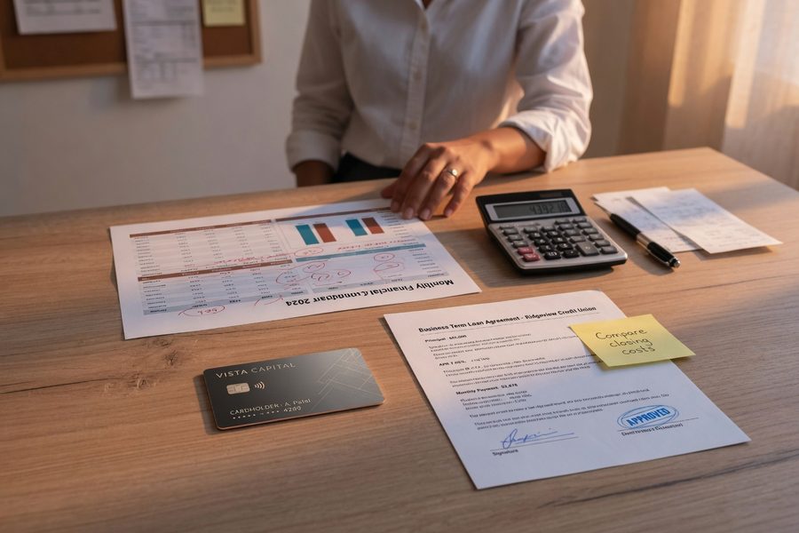 Business owner reviewing credit bureau reports on a tablet showing Dun and Bradstreet and Experian Business scores