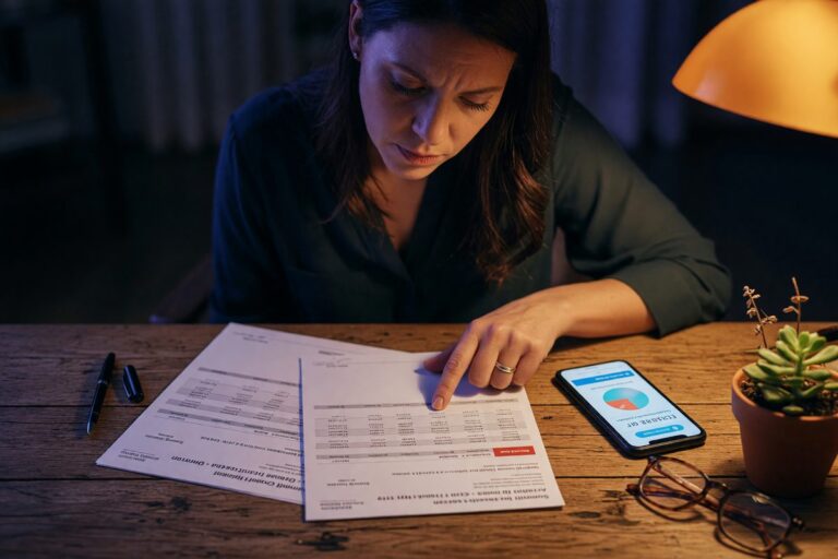 Split screen showing couple separating finances through fintech app interface