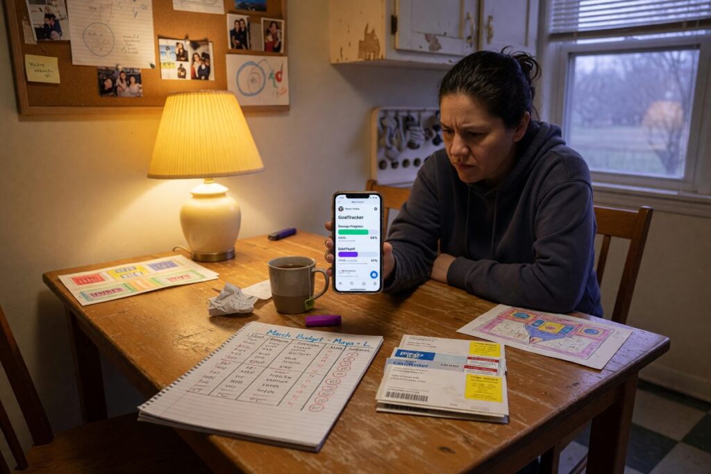 Single parent using fintech app on phone to set up automated savings and track debt repayment