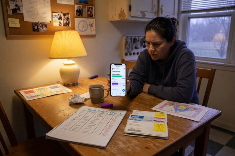 Single parent using fintech app on phone to set up automated savings and track debt repayment