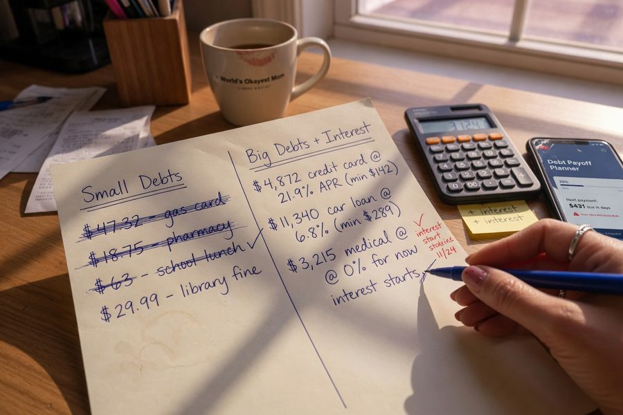 Single parent reviewing fintech savings and debt dashboard on smartphone at kitchen table