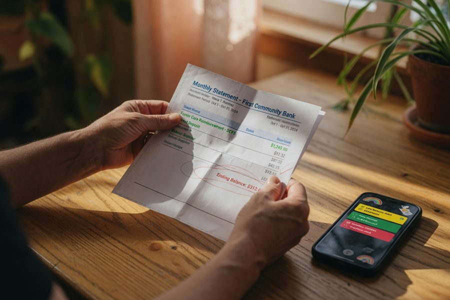 Foster parent reviewing fintech app on smartphone, household bills visible on table