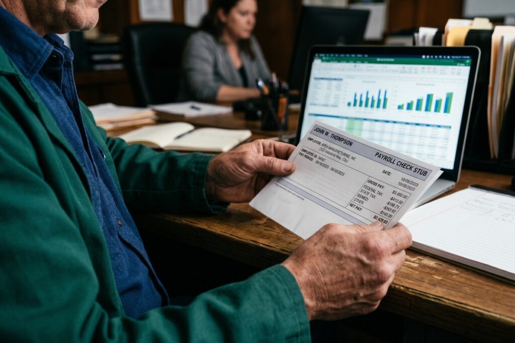 Fintech lender reviewing payroll data on computer to approve loan application