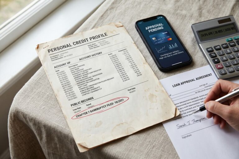 Person reviewing loan approval documents on tablet after bankruptcy discharge