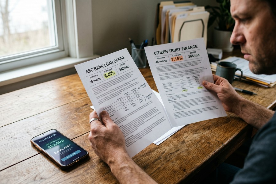 Borrower comparing multiple fintech pre-approval loan offer letters on a desk