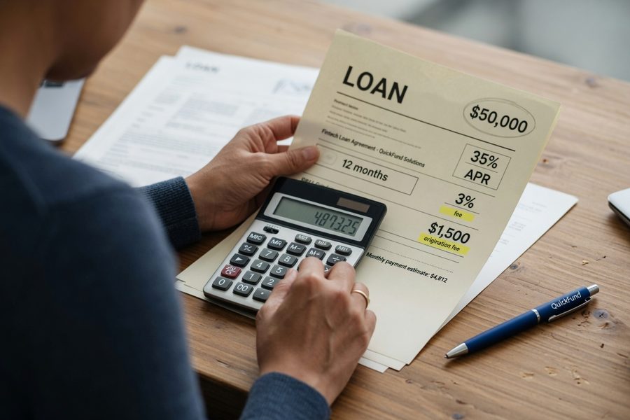 Side-by-side cost comparison chart: bank term loan vs. fintech term loan vs. merchant cash advance on $50,000