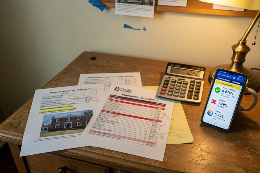 Side-by-side comparison of fintech lender app interface versus in-person hard money lender meeting