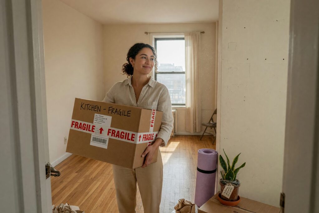 First-generation college graduate reviewing digital loan approval on laptop for relocation expenses