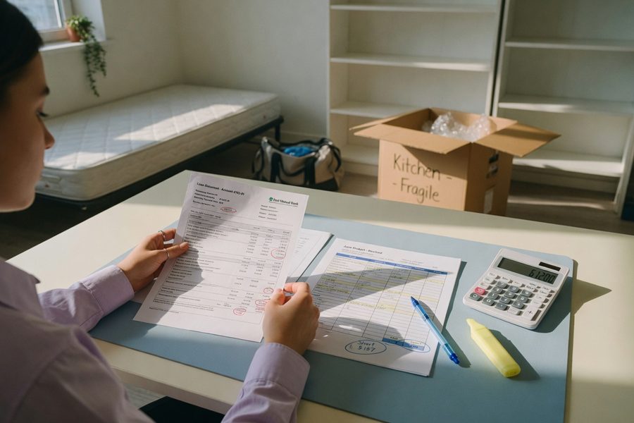 Spreadsheet showing itemized relocation costs and digital loan repayment schedule side by side
