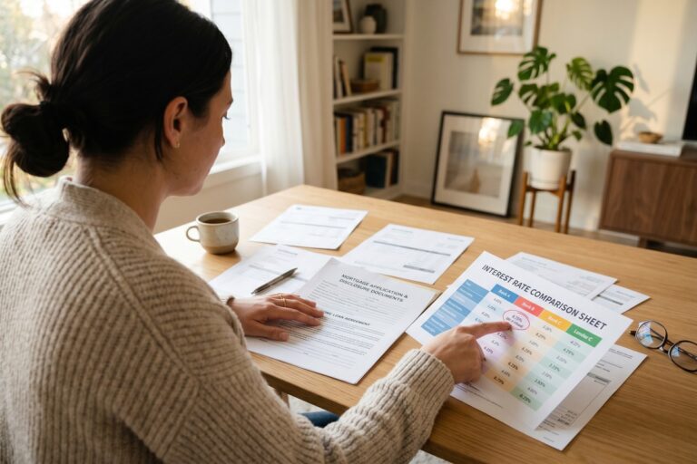 First-time homebuyer reviewing mortgage documents and interest rate quotes with lender