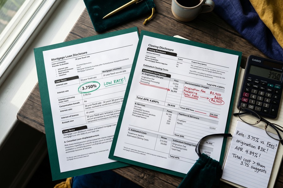 Side-by-side comparison of loan estimate documents from multiple lenders on a desk