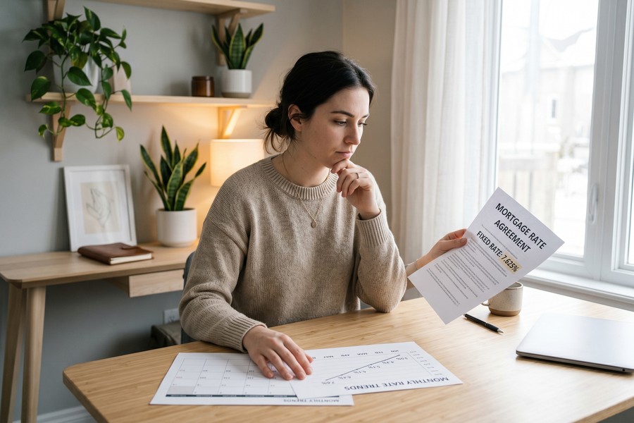First-time homebuyer reviewing mortgage documents with a lender at a desk