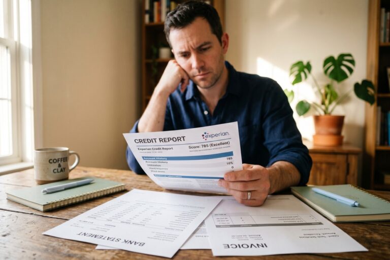 Freelancer reviewing credit building strategy on laptop with financial documents