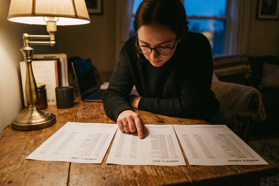 Freelancer reviewing credit card statements and credit-builder loan options on a laptop