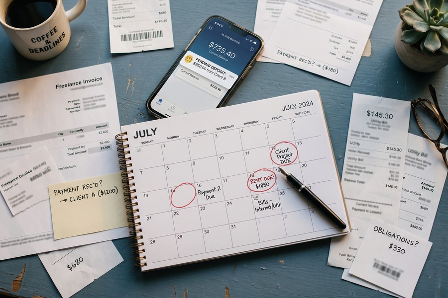 Freelancer tracking monthly income, expenses, and credit utilization in a spreadsheet