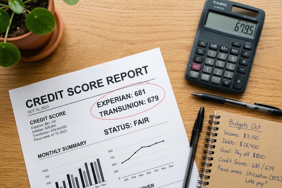 Credit score gauge showing progress from fair to excellent range for a self-employed borrower