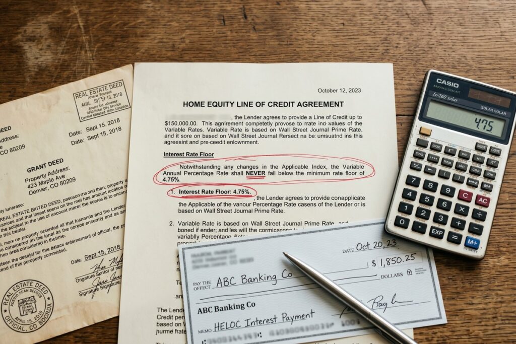 Document showing HELOC agreement with interest rate floor clause highlighted