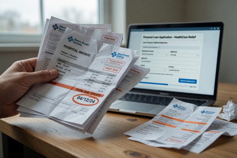 Close-up of medical bill and credit report with digital loan application on screen