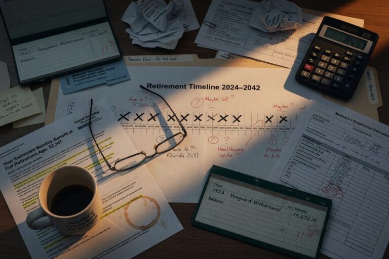 Older couple reviewing financial documents and retirement plan together at home