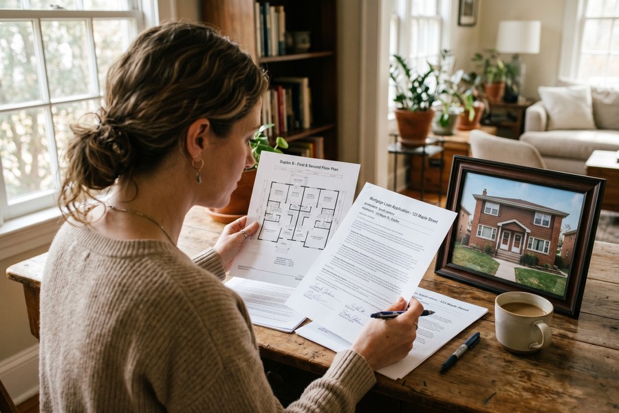 Side-by-side diagram comparing owner-occupied vs. investment-property LLPA stacking on a duplex loan