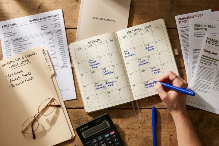 Person reviewing financial priorities and savings goals at desk with calculator and notebook
