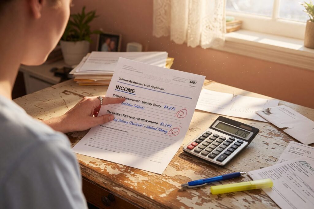 Person reviewing loan documents showing part-time income and interest rate details