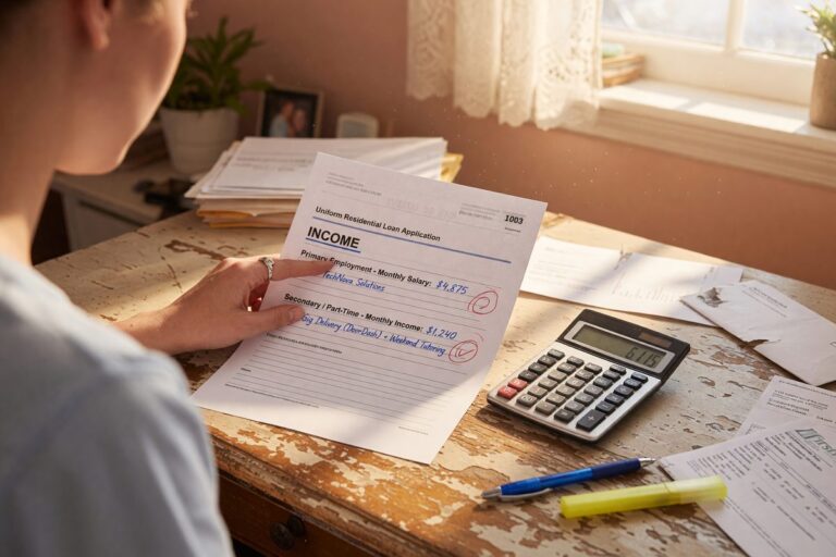 Person reviewing loan documents showing part-time income and interest rate details