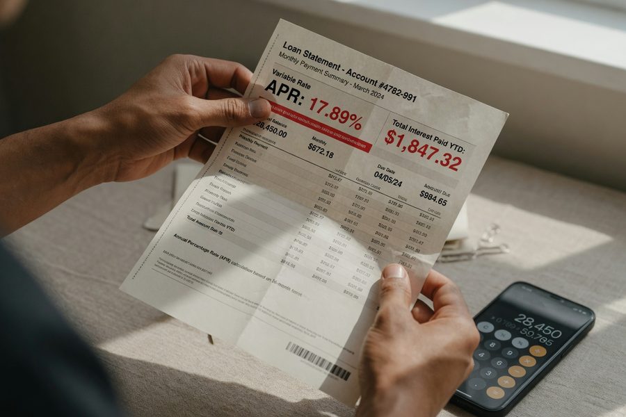 Side-by-side cost comparison chart: single payroll advance versus 12-month personal loan for $300–$2,000 borrowing needs