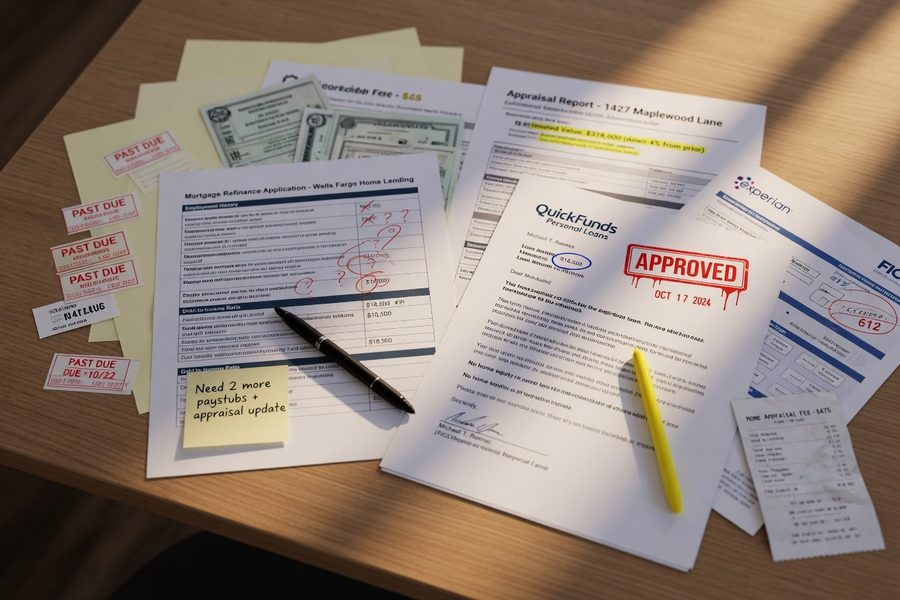 Split diagram showing personal loan qualification checklist versus cash-out refinance underwriting requirements