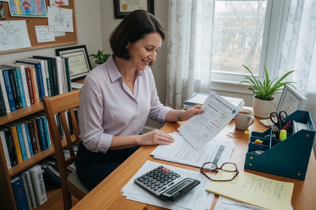 Teacher reviewing loan rate comparison showing below-market interest rates for public employees