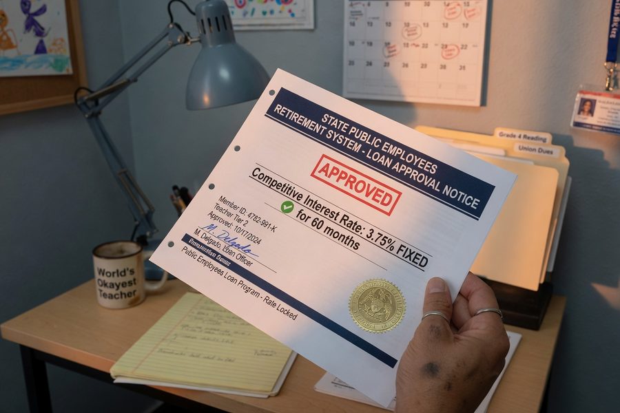 Teacher reviewing public employee loan rate sheet at credit union branch desk