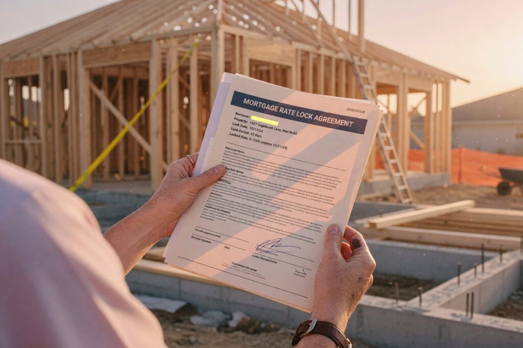 Homebuyer reviewing rate lock options and construction timeline with mortgage lender