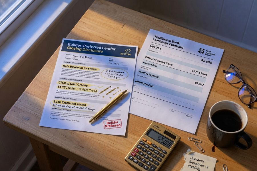 Side-by-side comparison chart of builder preferred lender versus independent bank loan terms