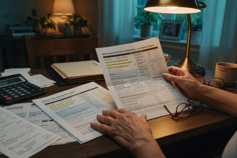 Retiree reviewing investment portfolio and mortgage documents at desk