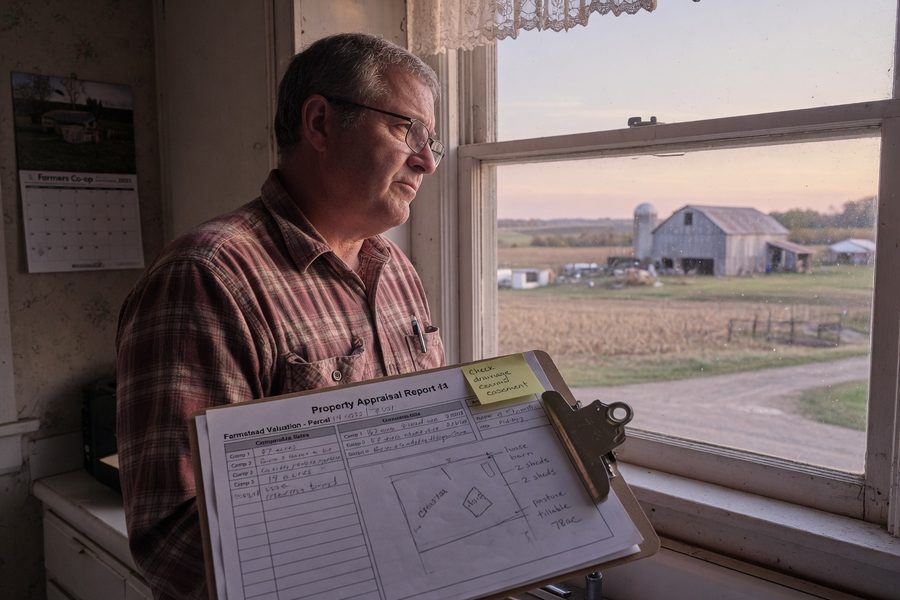 Rural farmhouse with acreage showing characteristics that complicate standard mortgage appraisals