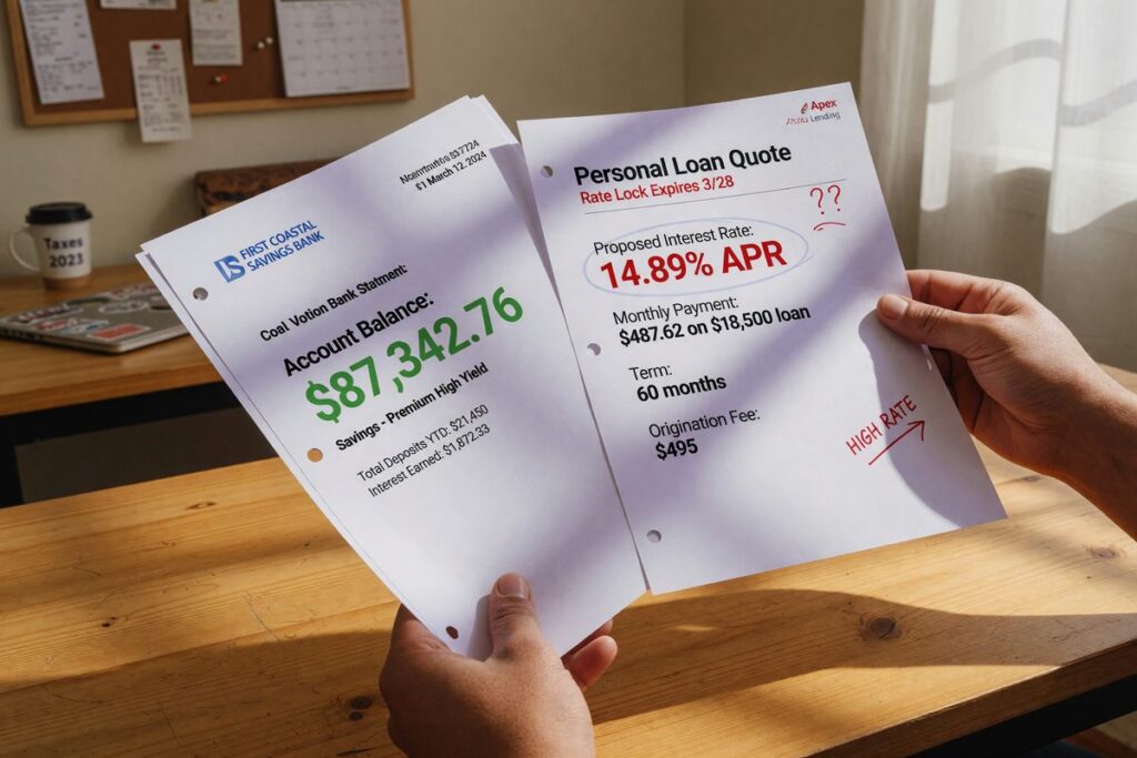 Comparison chart showing borrower with high savings and low credit score receiving higher interest rate than borrower with low savings and high credit score