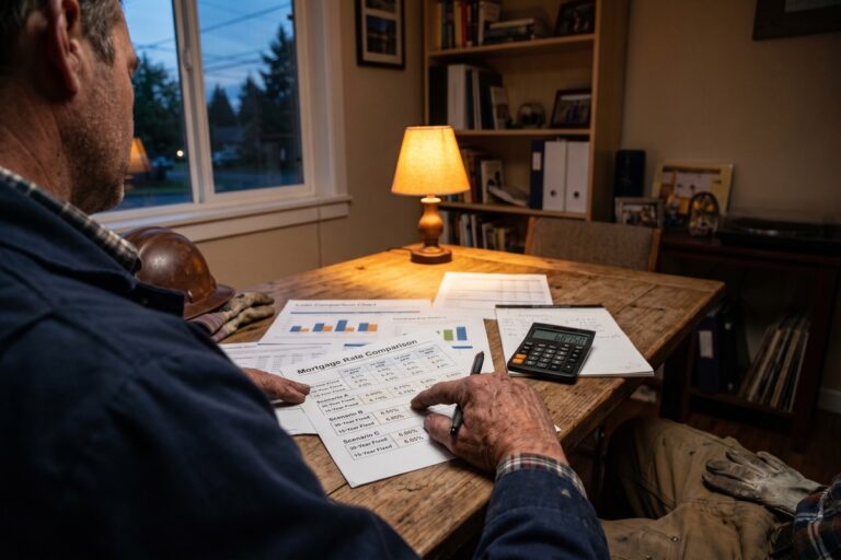 Seasonal construction worker reviewing mortgage rate documents during active work season