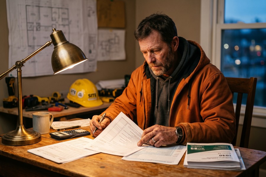 Construction worker reviewing tax documents and mortgage paperwork at a desk