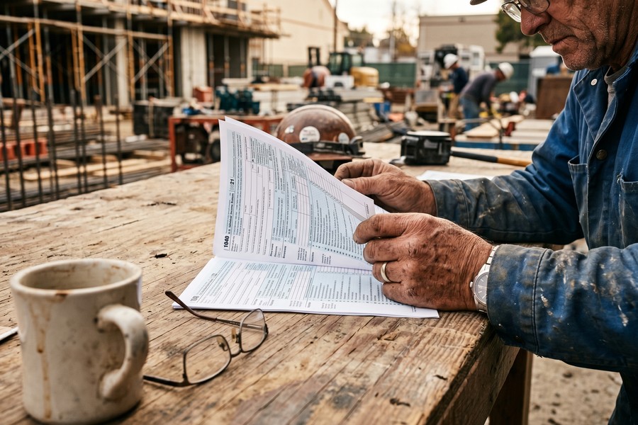Seasonal construction worker reviewing mortgage documents during active work season on-site